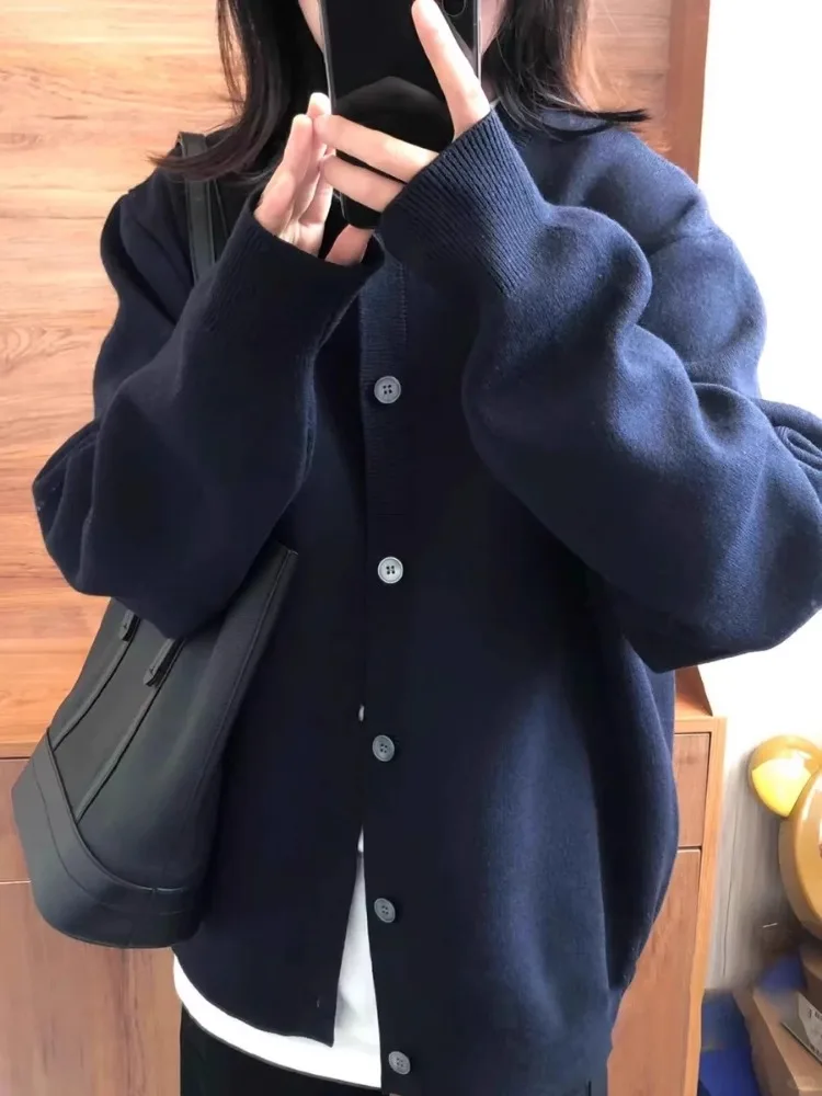 Navy Blue Knit Cardigan Women Spring and Autumn Loose High-grade Sweater Solid Color Retro Casual Soft Coat Top Temperament