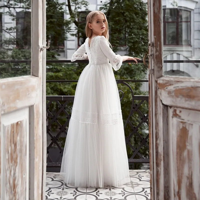 Bohemian Flower Girl Dresses  For Wedding Lace Appliques A Line Kids Pageant Gowns Half Long Sleeves First Communion Dress