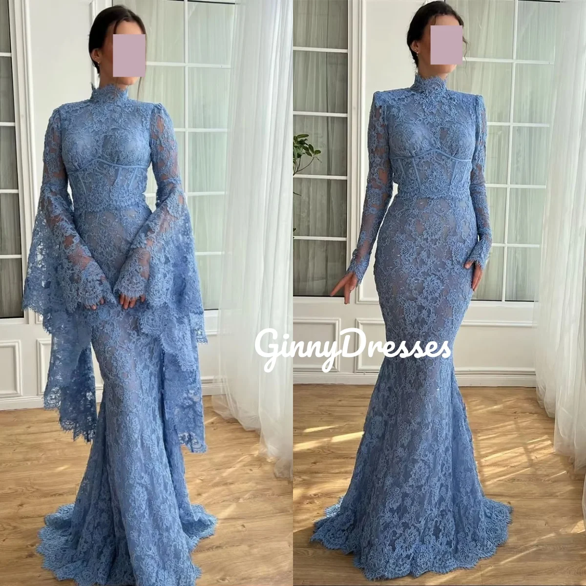 

Dresses For Prom A-Line Customize Scoop Neckline Floor-Length Lace Luxury Evening Dresses Long Sleeves Vestidos De Fiesta Zipper