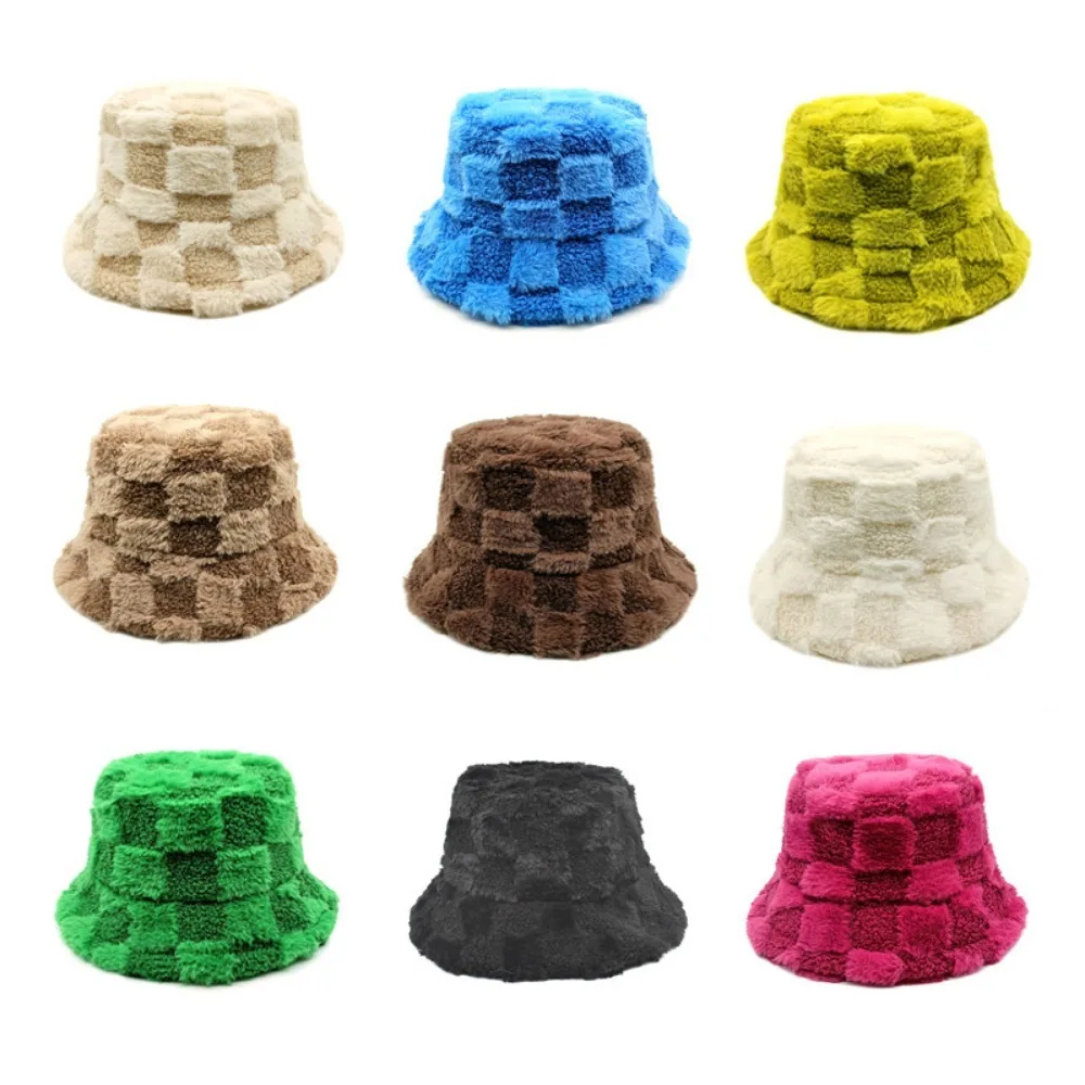 

Men's and women's autumn and winter new Japanese checkerboard imitation rabbit fur fisherman hat outdoor plush basin hat