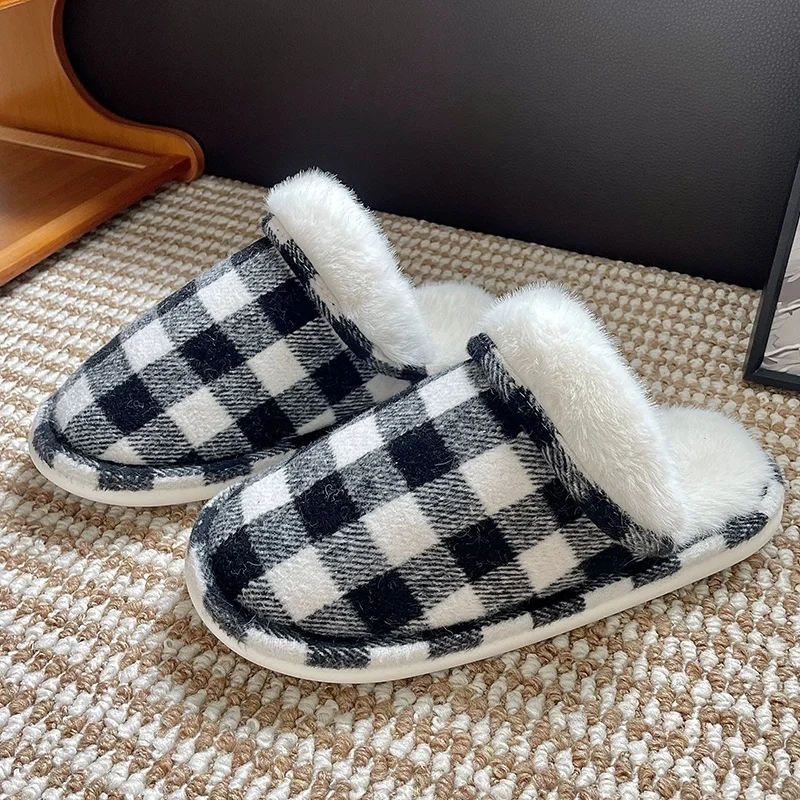 

Plaid Winter Fabric House Slippers - Non-Slip Soft Sole, Furry Cuff, Closed-Toe, Thickened & Thermal Insulated for Men Women