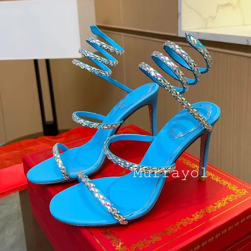 New Ankle Snake Shaped Strap Entanglement Sandals Women Rhinestone Decor Thin High Heels Sandalias Summer Dress Shoes Pumps