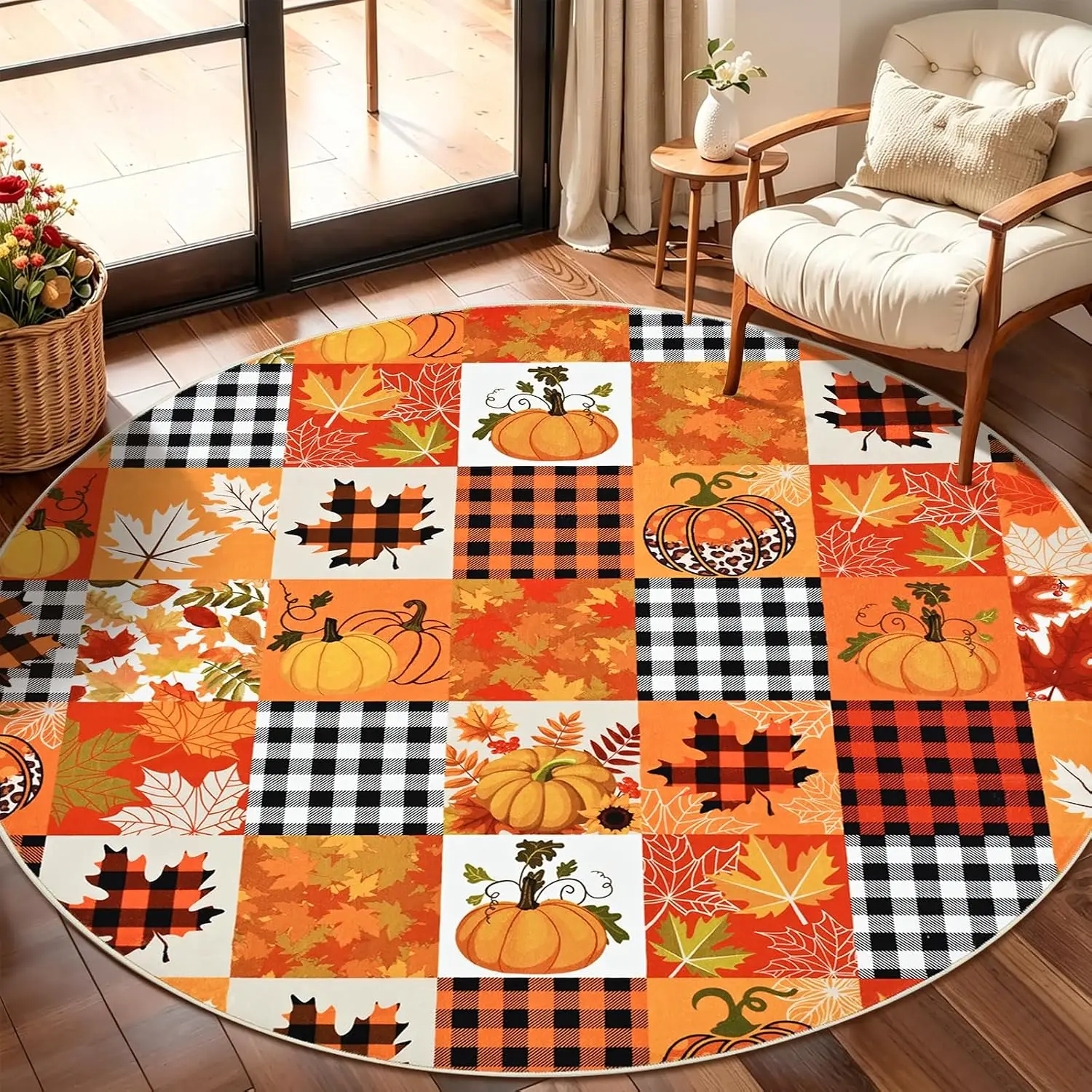 Fall Round Rug 4FT, Thanksgiving Orange Patchwork Rugs Washable Non Slip