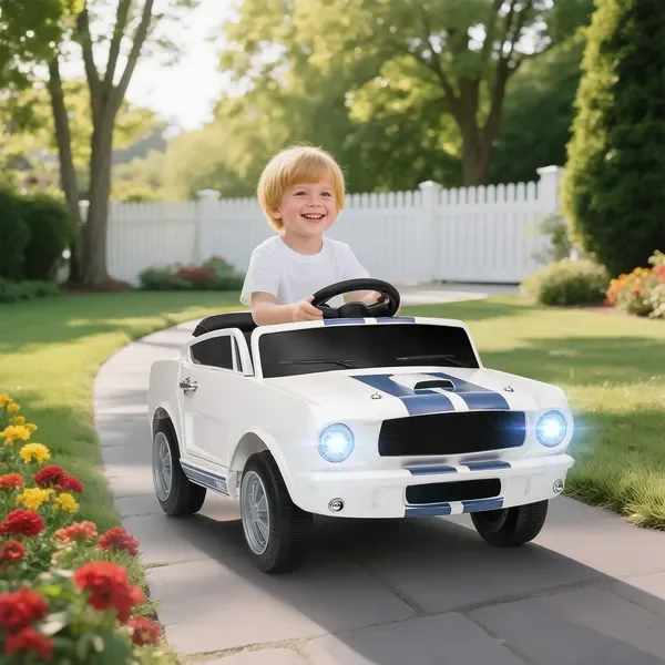 Coche Ford Shelby GT 350 para niños con control remoto, velocidad ajustable, MP3, arranque suave, luces LED, blanco