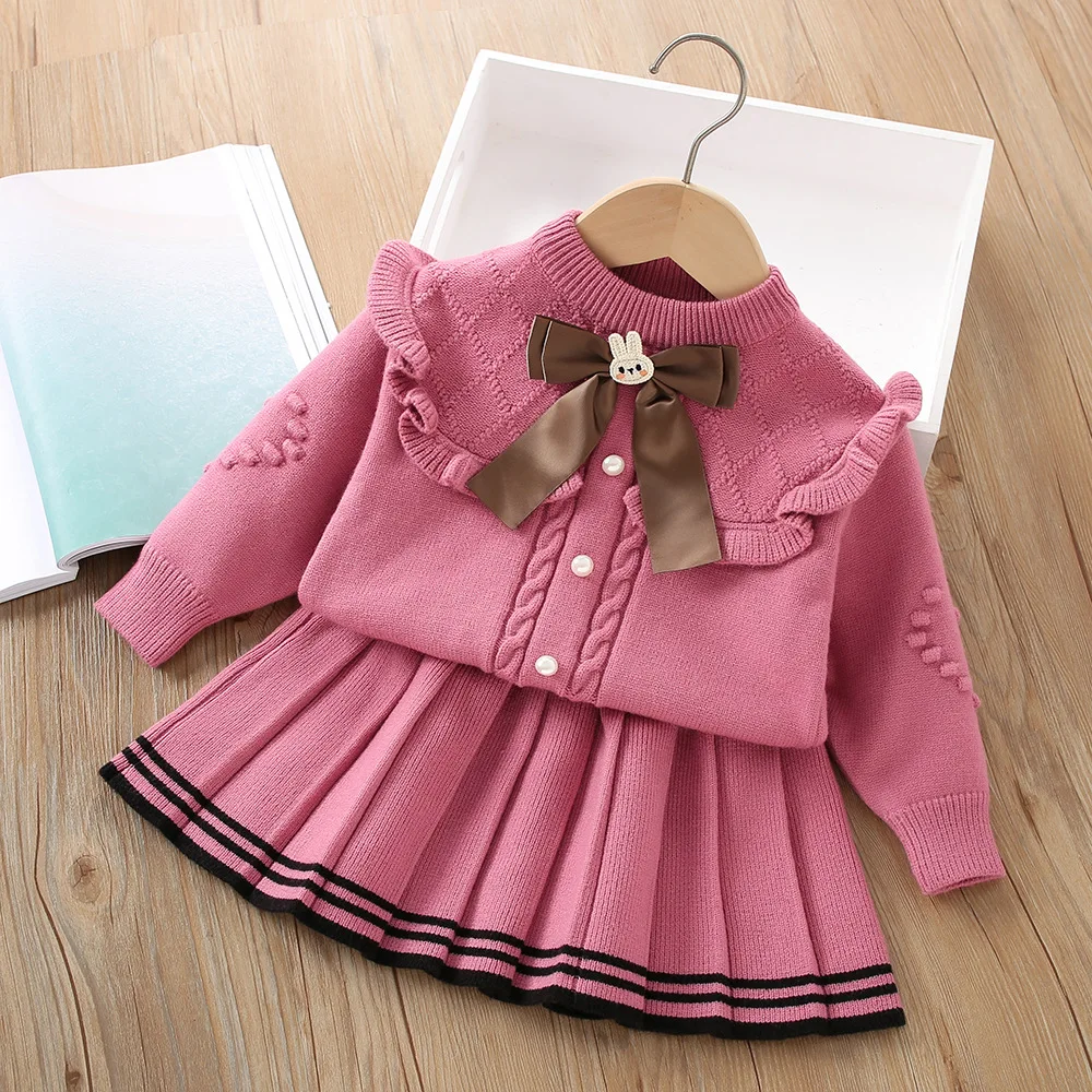 Children\'s sweater set girls\' autumn and winter Korean version solid color knitted pullover top+skirt set 1-6 years old