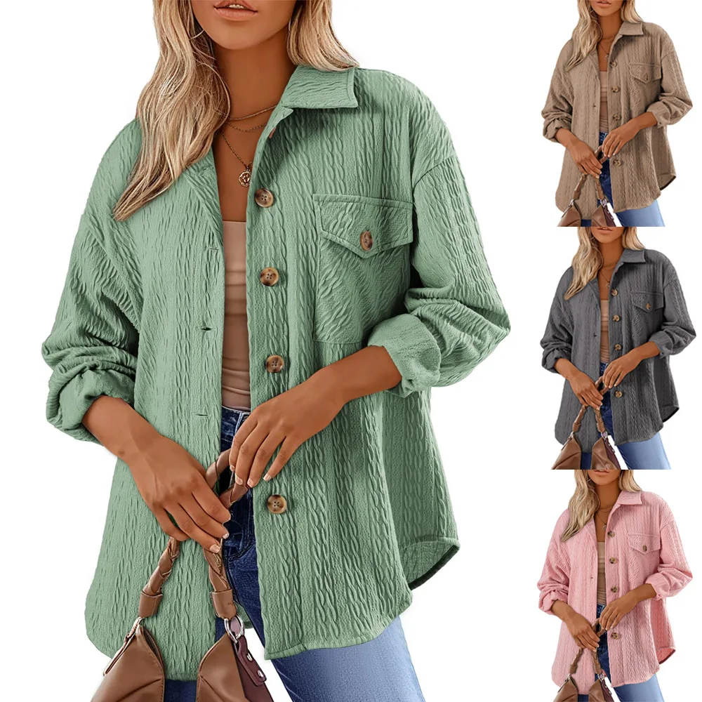 

Women's Solid Color Long Sleeve Jacket Turn Down Collar Button Coat Tops with Pocket Female Loose Fit Fashion Casual Outerwear