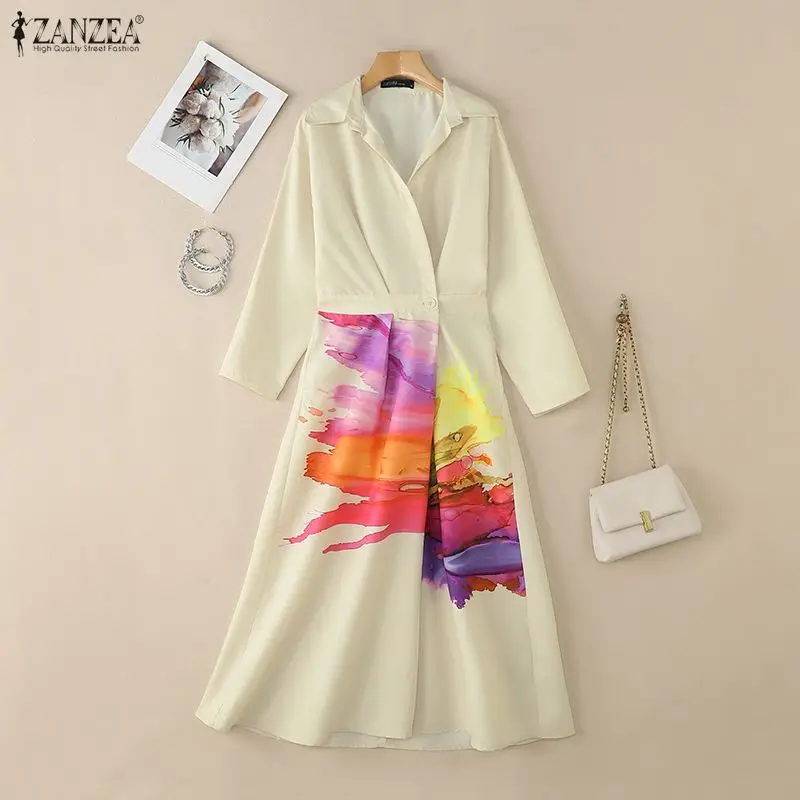 ZANZEA Fashion Women Long Sleeve Lapel Neck Printed Dresses Spring Autumn Maxi Long Dress Collect Waist A Line Loose Work Robe