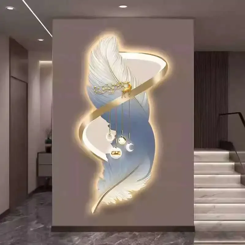 

For Feather Decoration Painting, Luxurious High-end Entrance Corridor, Corridor Mural, Vertical Version Mural, LED Light Paintin