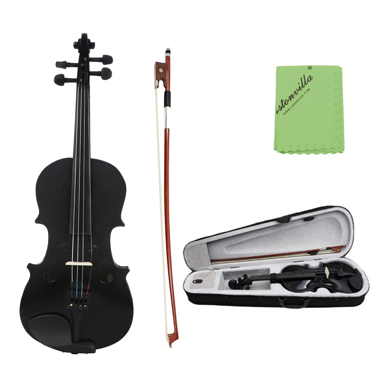 Regalo para Navidad 4/4 Kits de violín acústico negro de tilo de tamaño completo con estuche, arco y colofonia para violín principiante