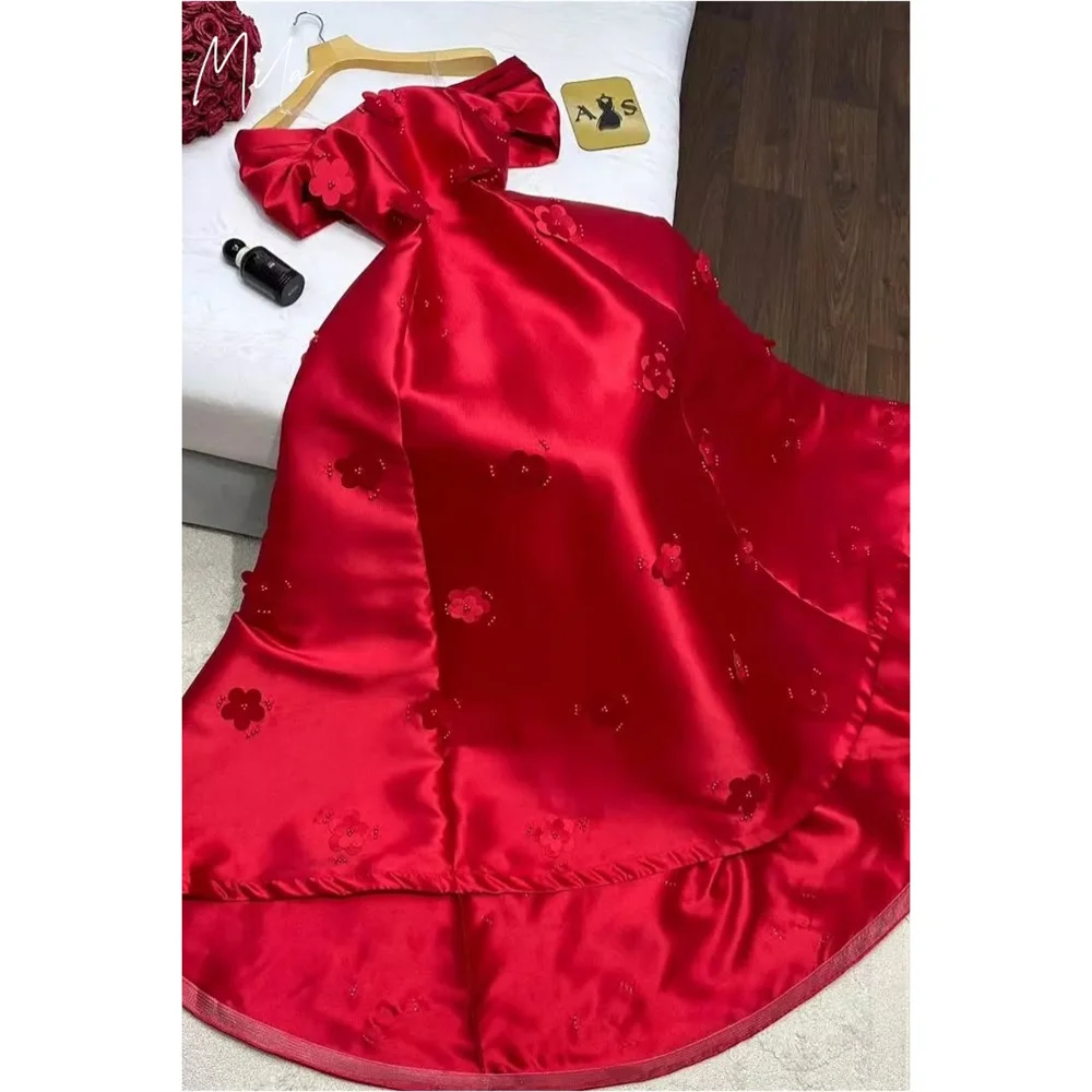 Mila Off Shoulder Customized Red Evening Dresses Short Sleeve A-Line Prom Dress 2025 Satin 3D Flower Wedding Party Formal Gowns