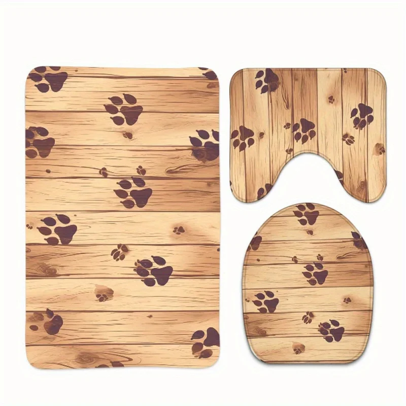 3-Piece Bathroom Set with Paw Print Design - Non-Slip Absorbent Bath Mat, U-Shaped Contour Rug, Toilet Lid Cover - 100% Poly