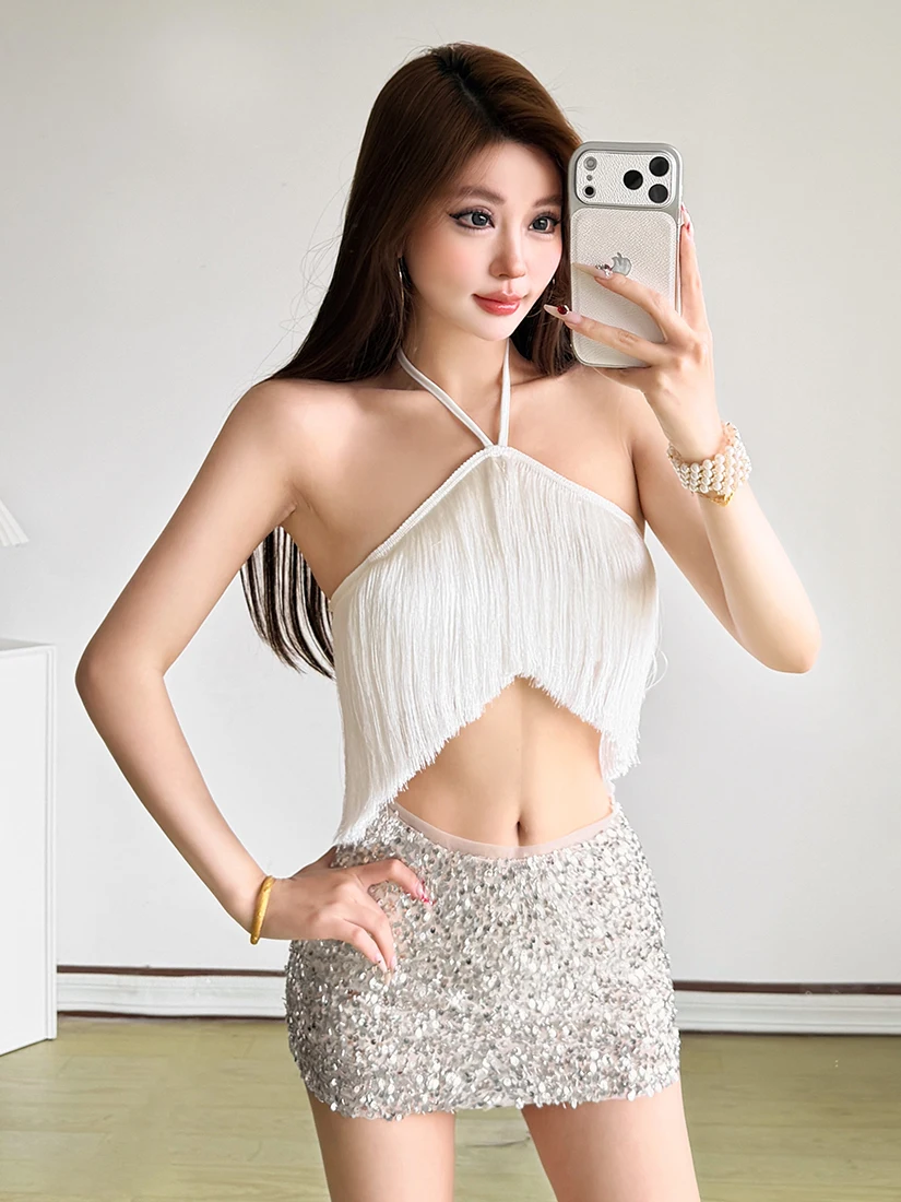 

Sisjuly Stage Star Fashionable Tassel Backless Halter Neck Sequin Short Skirt Set Women Spring Casual Sportswear Low Waist ...
