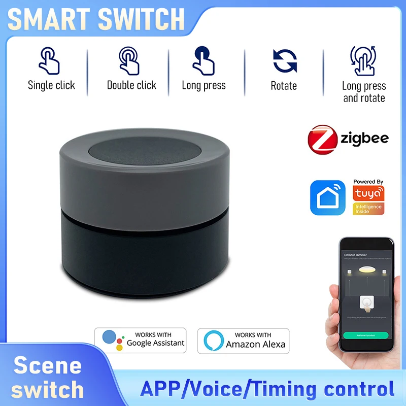 Tuya Zigbee Smart Scene Switch with Knob Dimmer & CCT Control, Wireless Wall Switch, App & Voice Control for Home Automation