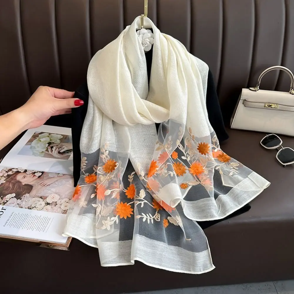 

Fashion Flower Luxury Silk Scarf Embroidery Soft Thin Women Hijab Shawls Foulard Large Lace Scarf Wraps Female