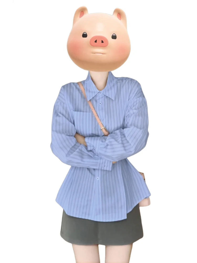 ブルーストライプロングスベウエストシェイプ女性用irt春秋新作初秋高級感ウエストカットトップ