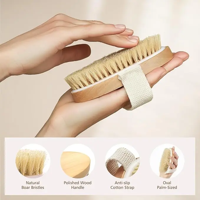 Round Head Hog Bristle Bath Brush Portable Shower Brush Bathroom Scrubbing Cleanse Exfoliate Massaging