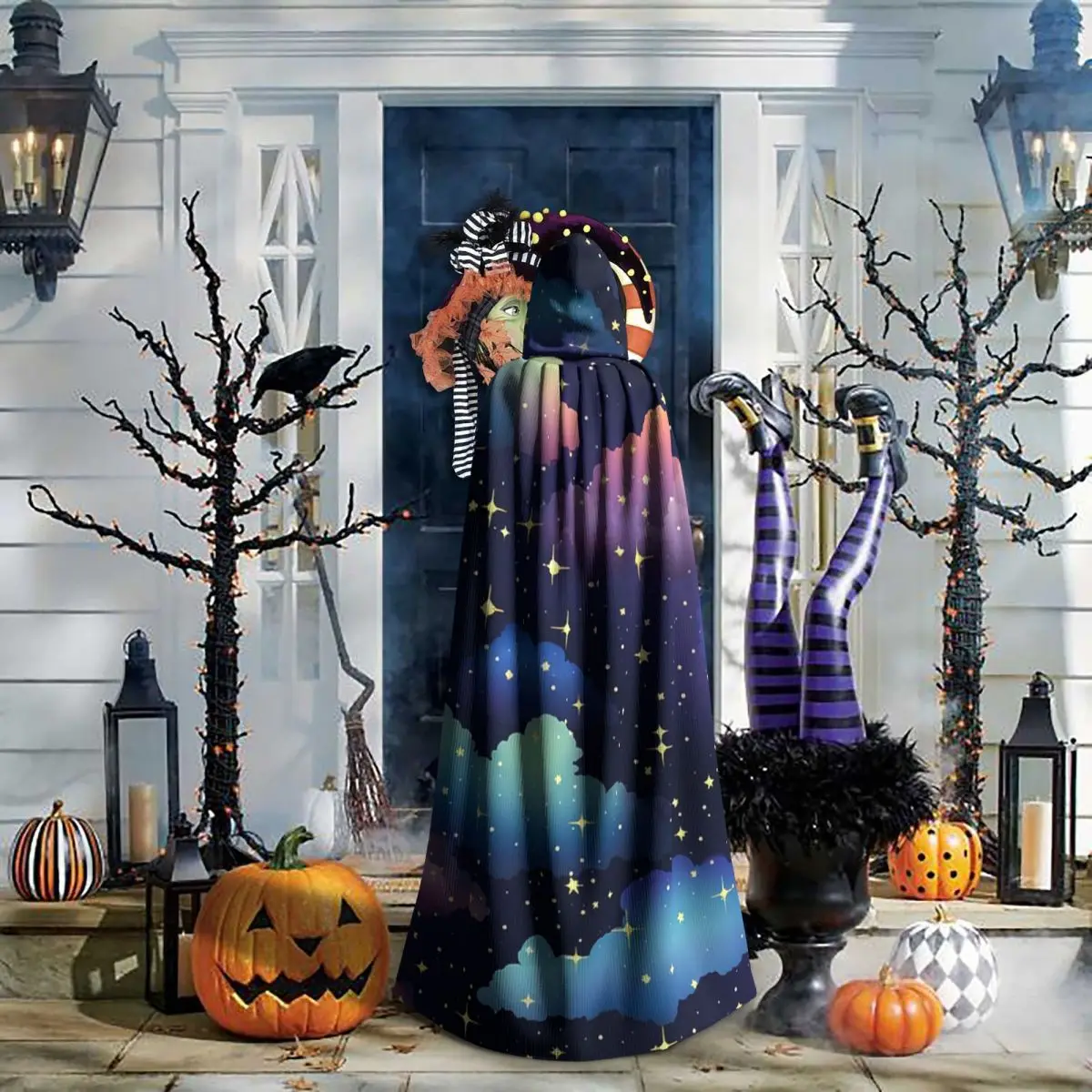 السماء الليلية الملونة مليئة بالنجوم اللامعة عباءة طويلة مقنعين الساحرة القرون الوسطى زي تأثيري كيب هالوين معطف الكبار للجنسين