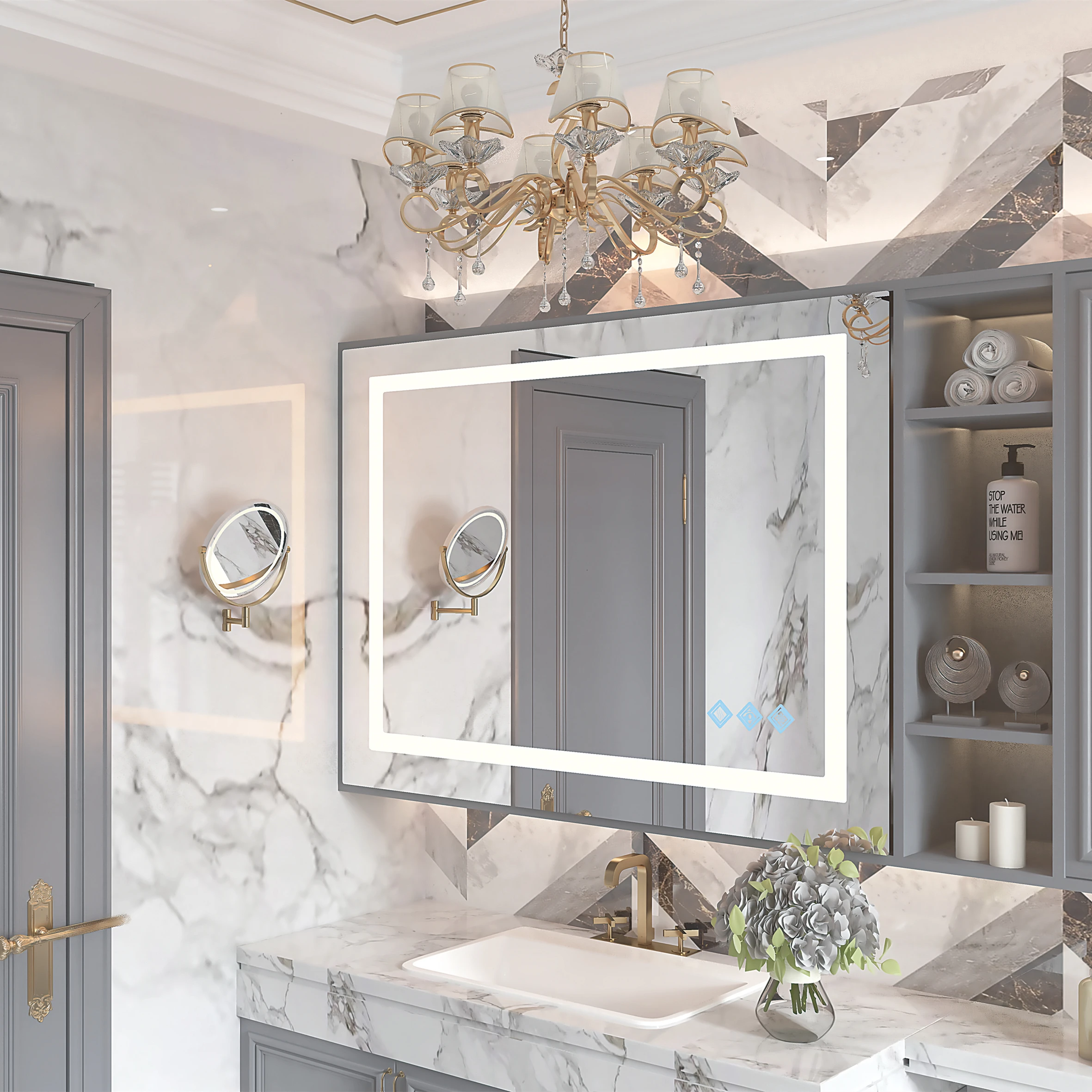 Wall Mount LED Bathroom Vanity Mirror 48 x 36 Inch, Modern Anti-Fog Smart Makeup Mirror with Dimmable 3 Colors Lighting Touch Button for Bathroom Renovation