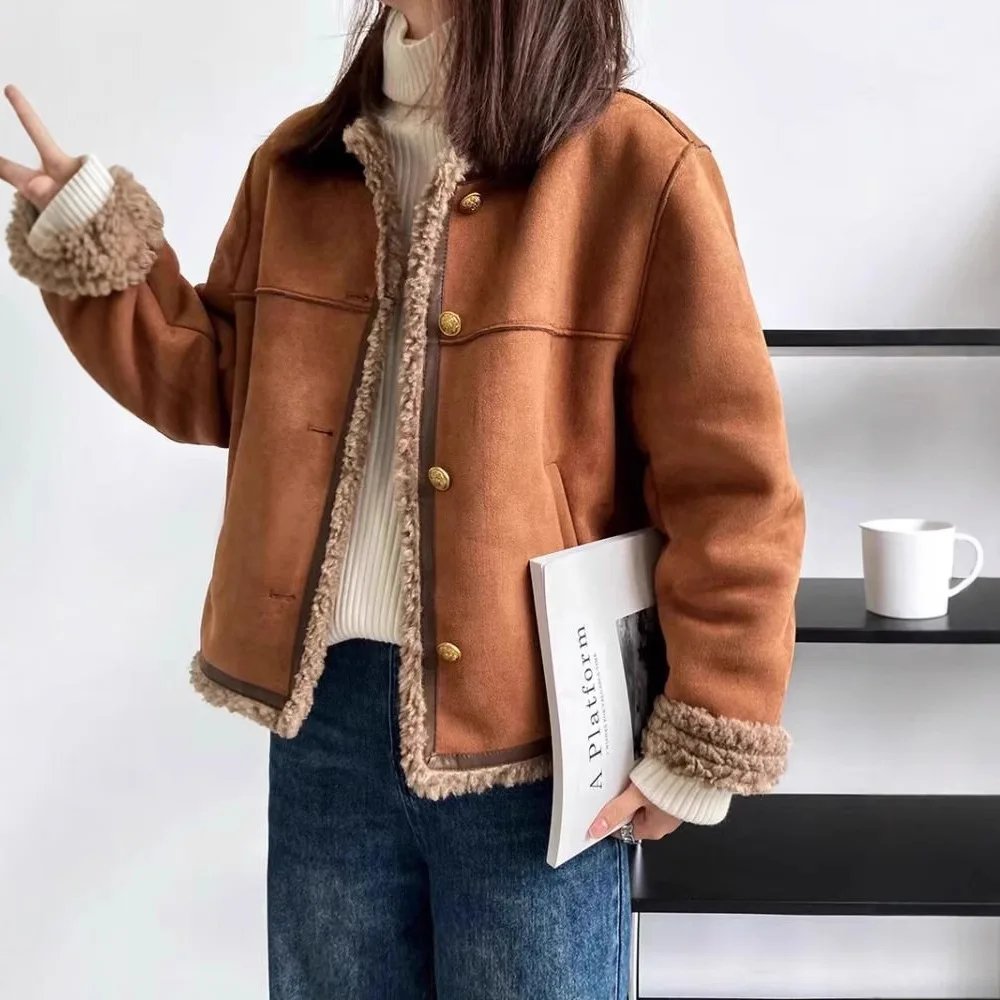 

Premium Jacket Vintage Elegant Short Jacket Ultra Warm Fuzzy Jacket Faux Plush Bomber Coat Plush Lining Soft Fit Comfort