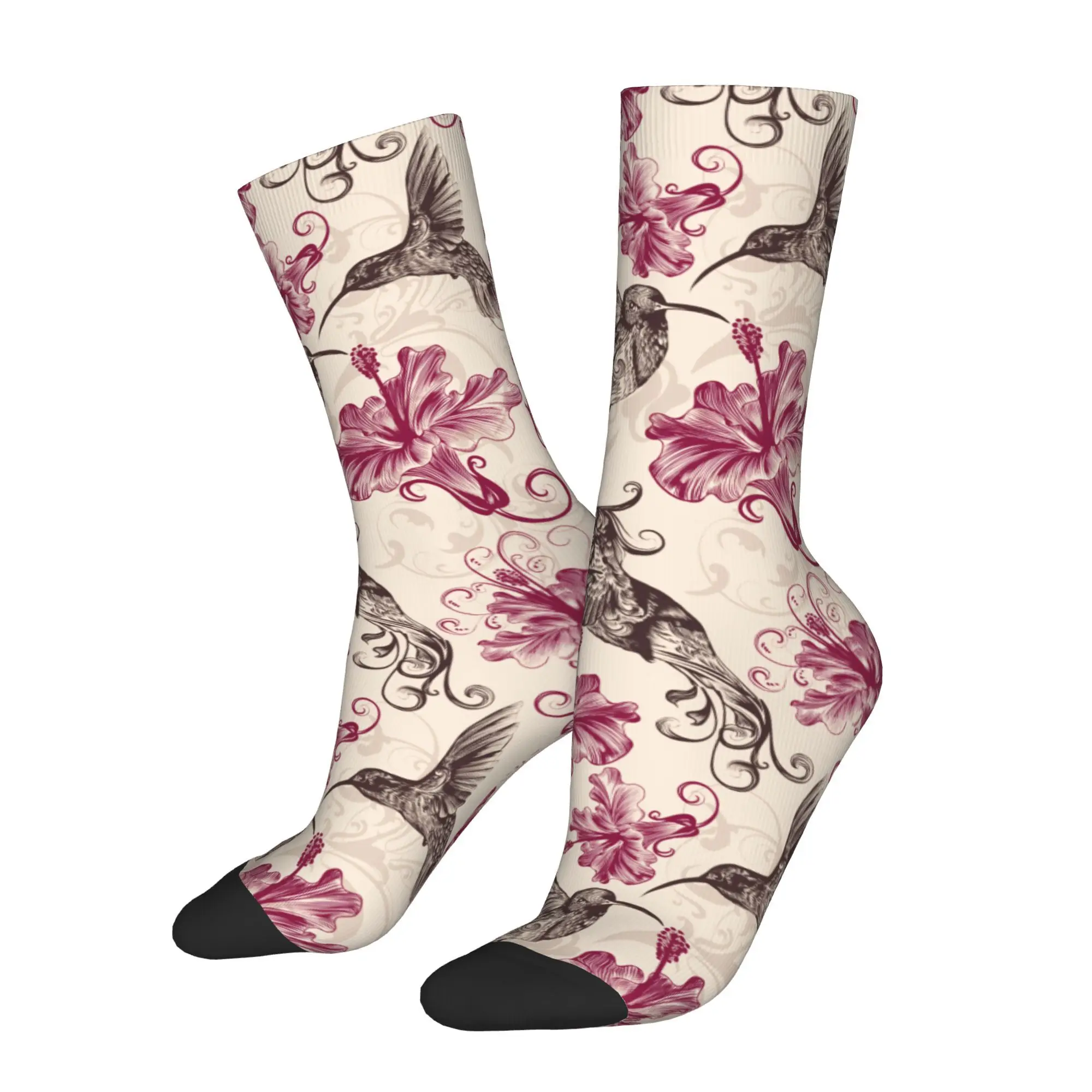 1pc Beautiful Bird Floral Printed Men's Socks  Novelty Hip Hop Harajuku Pattern Crew Sock Casual Gift