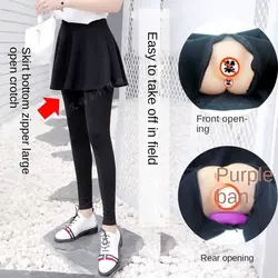 Leggings de algodón de doble capa para mujer, Falda plisada con cremallera oculta, pantalones de asiento abierto, conveniente para sexo al aire libre