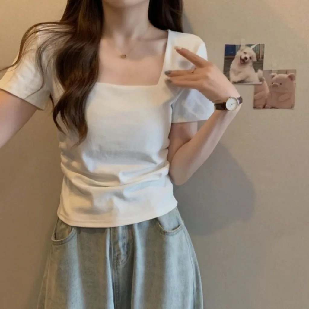 

Женская летняя футболка Slim Fit с коротким рукавом, белая, с квадратным вырезом, с открытыми плечами, сексуальный топ для девушек, большие размеры