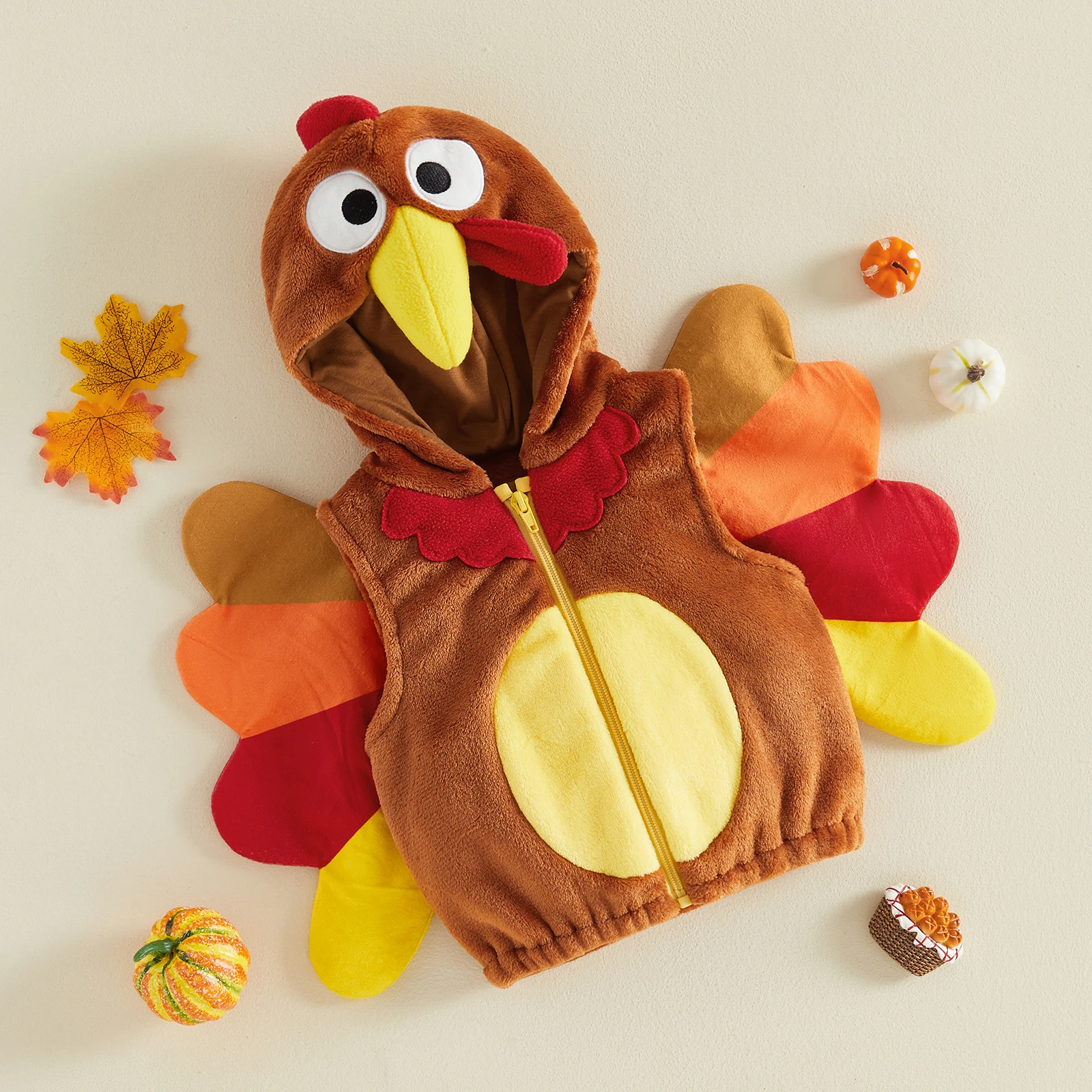 Tregren Kids Boy Girl Thanksgiving Turkey Costume Plush Zip Front Sleeveless Hooded Jacket Vest Coat