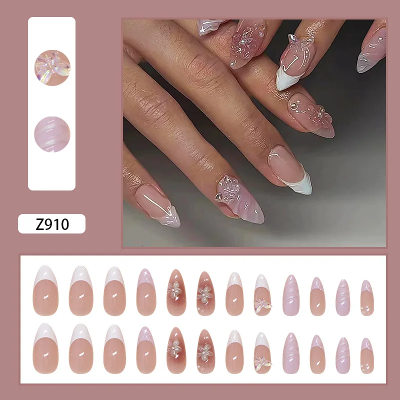 Wearable 3D Flower Aurora Butterfly False Nails 24pcs Gradient Fake Nails Y2k Press On Nails Crystal Stripes Decor Long Almond