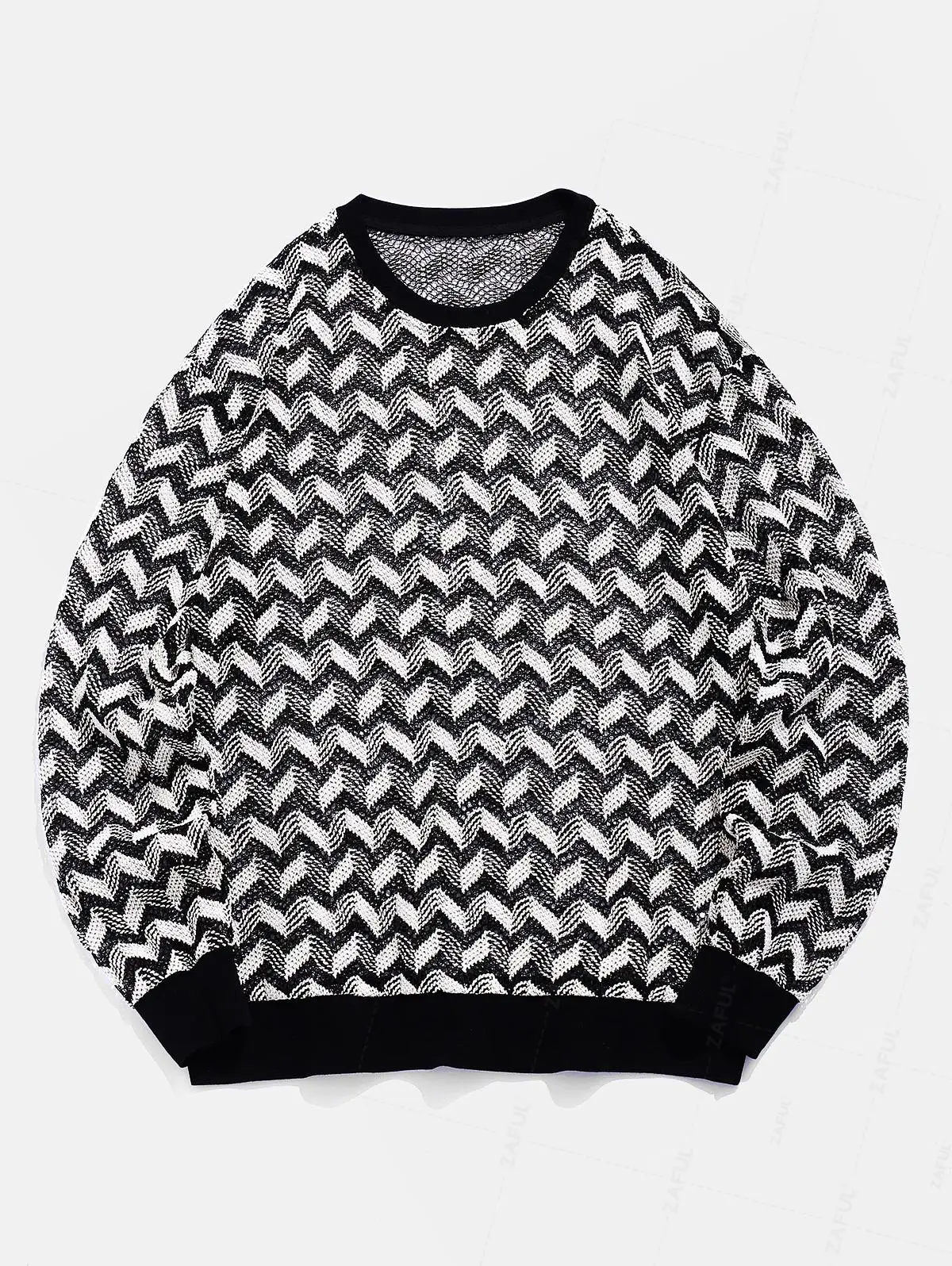 

ZAFUL Men's Daily Zig Zag Stripes Pointelle Openwork Design Crew Neck Long Sleeve Knitwear