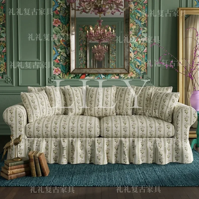 Retro Printed 3 Seater Sofa Solid Wood Frame Fabric Couch for Small Apartment Living Room Bedroom
