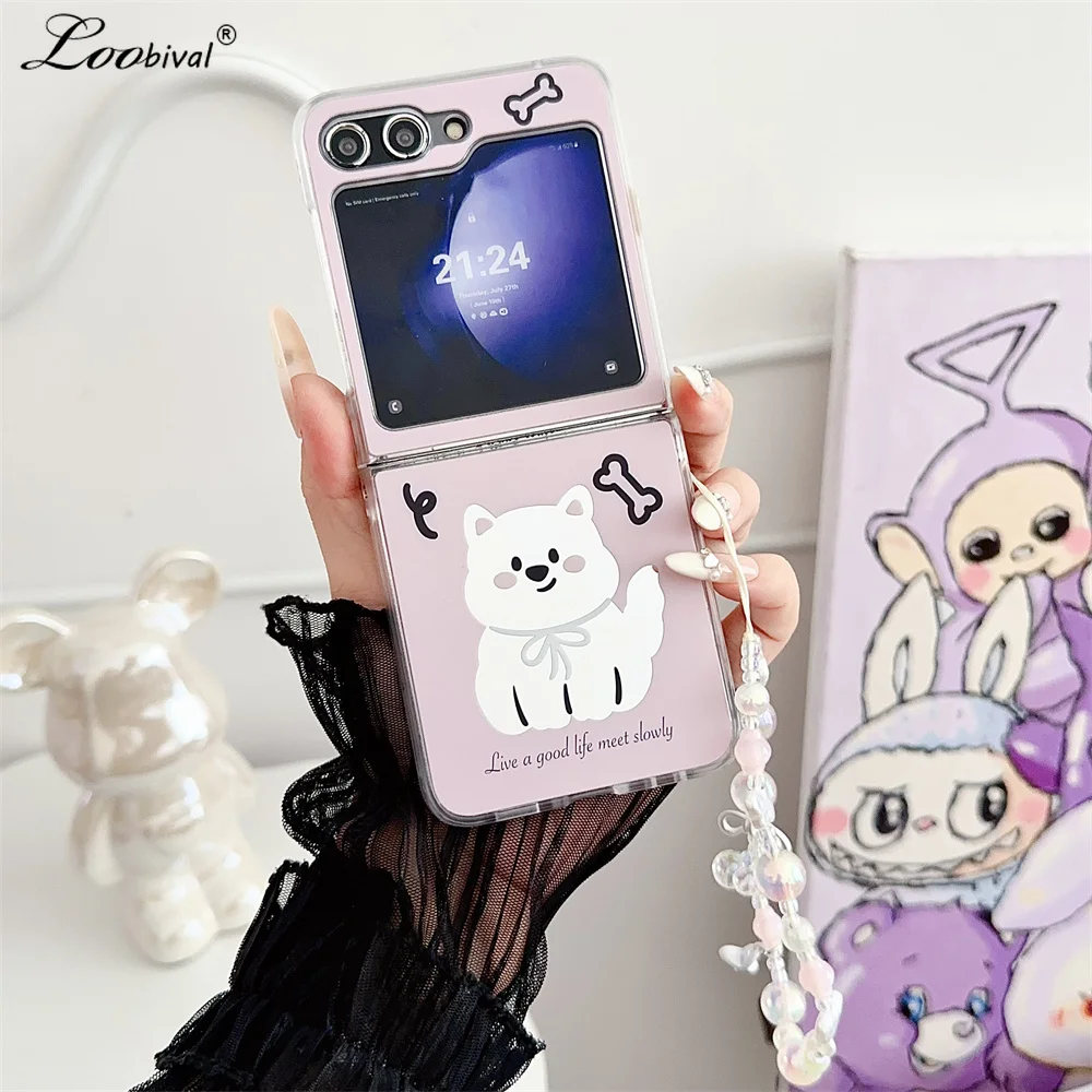 Cute Cartoon Cat Mirror Bracelet Case for Samsung Galaxy Z Flip 6 5 4 3 flip6 Dog Wrist Chain Make Up Shockproof Korean Cover