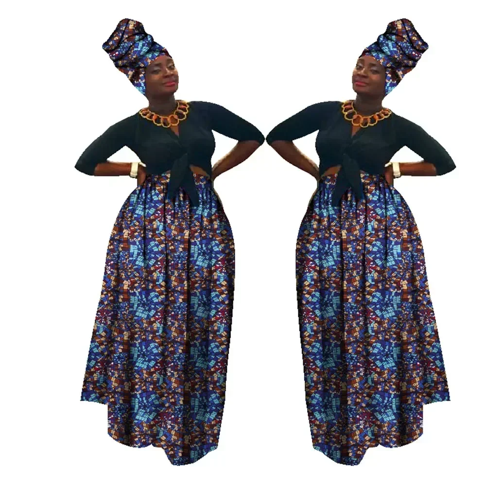 Dashiki Afrikaanse hoge taille baljurk rok Bazin Riche Afrikaanse rok en Afrikaanse hoofddoek 2 stuks Lady Maxi lange rok WY1270