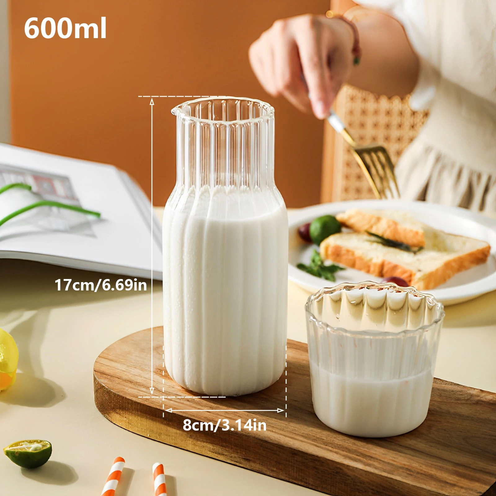 Glass Water Pitcher Set with Glass Cup V-Shaped Spout Glass Carafe Large Capacity Mouthwash Bottle for Milk Beverage Tea