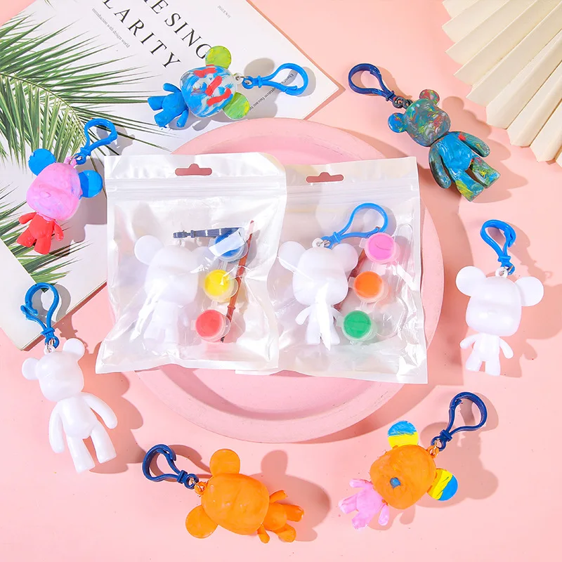 10Pcs White Blank Graffiti Bear Keychains DIY Painting Toy for Kids Birthday Party Favors Kindergarten Gift Goodie Pinata Filler