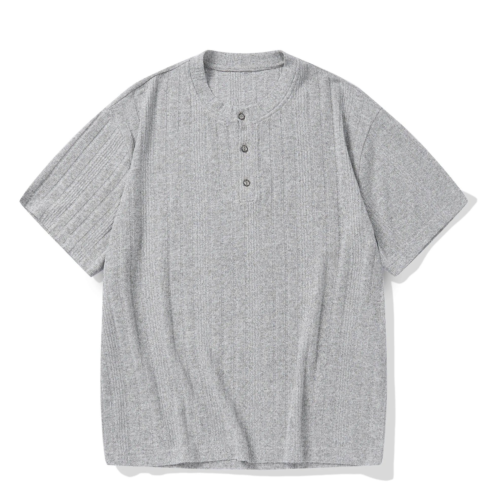 Old Money Style Japanese Retro Henley Collar Knitted Short Sleeved T-shirt Loose Half Sleeved T-shirt