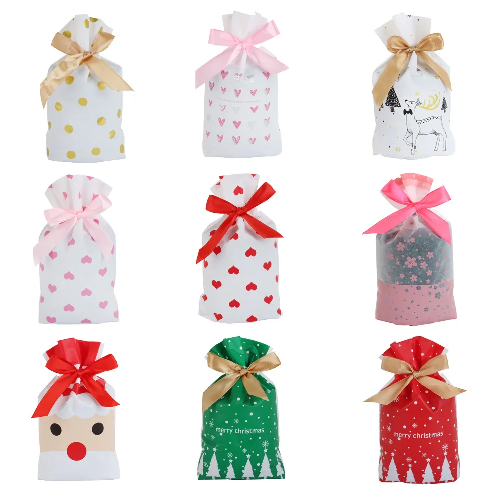 10/25pcs Heart Point Pattern Candy Packaging Bags Plastic Gifts Bag Party Wedding Christmas Bow Silk Candy Drawstring Pouches