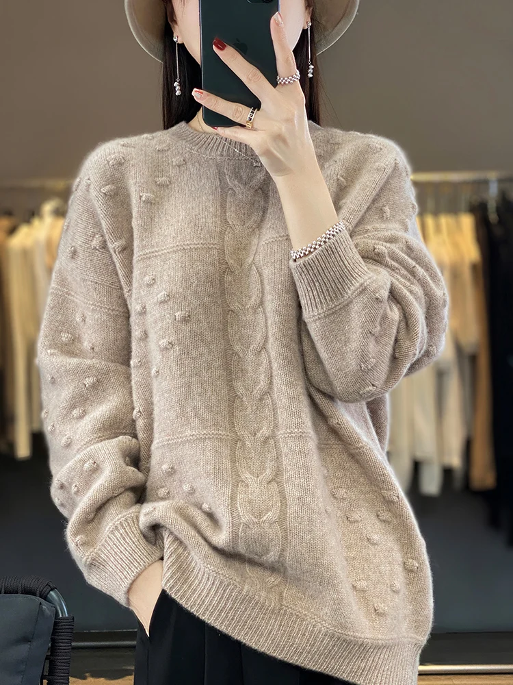 Addonee New Women Sweater High Quality 100% Merino Wool Twist Flower O-Neck Pullover Cashmere Knitted Winter Female Dress Tops