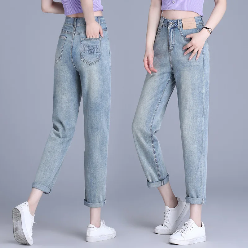 

Женские прямые джинсы, осенние свободные утягивающие миниатюрные укороченные светлые брюки с высокой талией, универсальные повседневные брюки