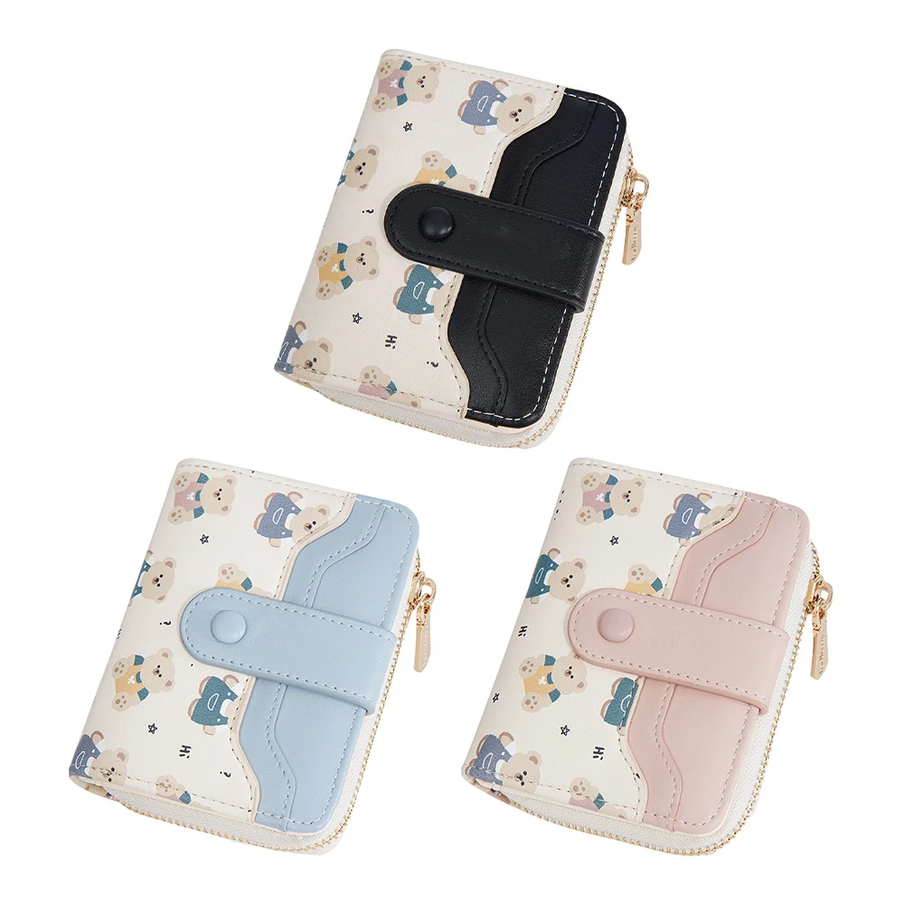 محفظة قصيرة على شكل دب لطيف مع إبزيم لحامل بطاقات الائتمان ومحفظة رفيعة للعملات المعدنية للنساء والفتيات