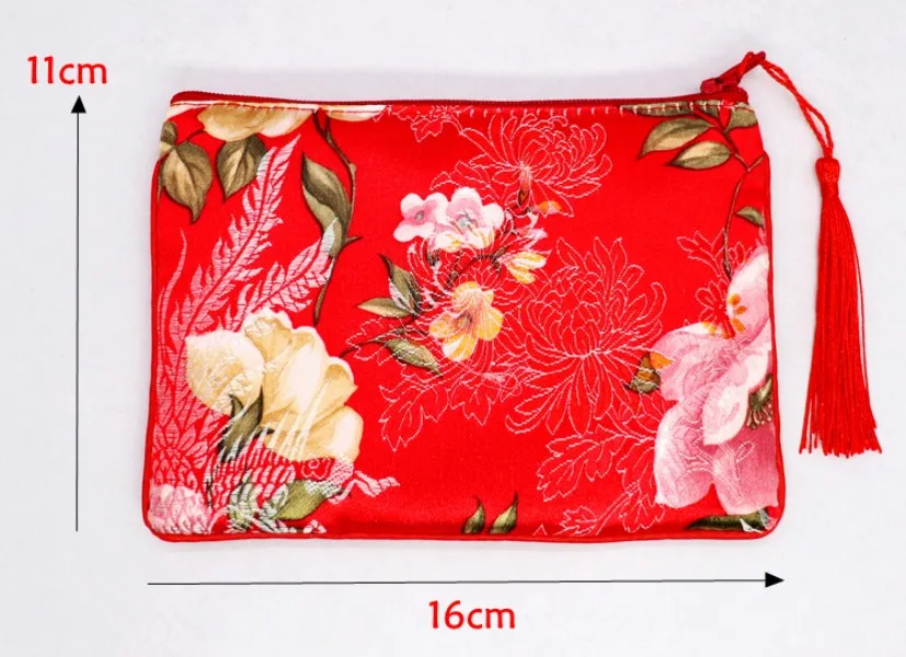 50pcs Custom Small Zipper Pouches Thick Chinese Embroidery Silk Brocade Bag Jewelry Storage Women Makeup Phone Coin Purse