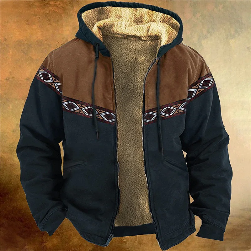 

Winter Jackets Men Zip-up Fleece Male Coat Hoodies Aztec Ethnic Tribe Padding Parka Clothing Windbreaker Sweatshirts Outerwears