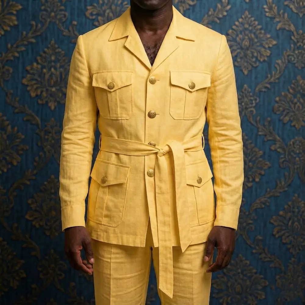 Mens Off White Linen Safari Suits 2 Piece Notched Lapel Prom Suit with Belt Gold Buttons Multi Pockets Beach Summer Wedding view 6