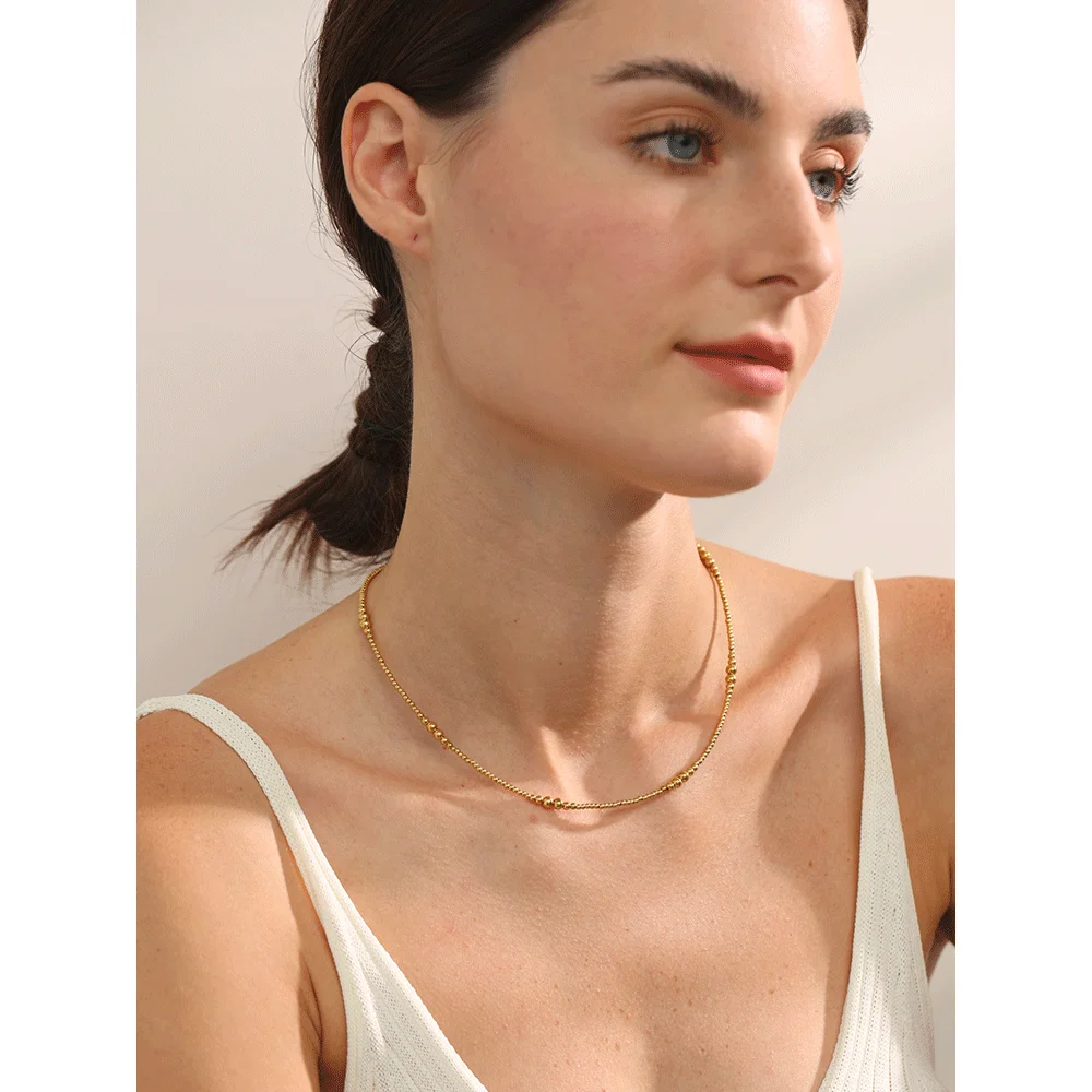 Yhpup Exclusive Stainless Steel Beads Chain Handmade Collar Necklace for Women Chic Stylish Jewelry Waterproof Trendy Textured
