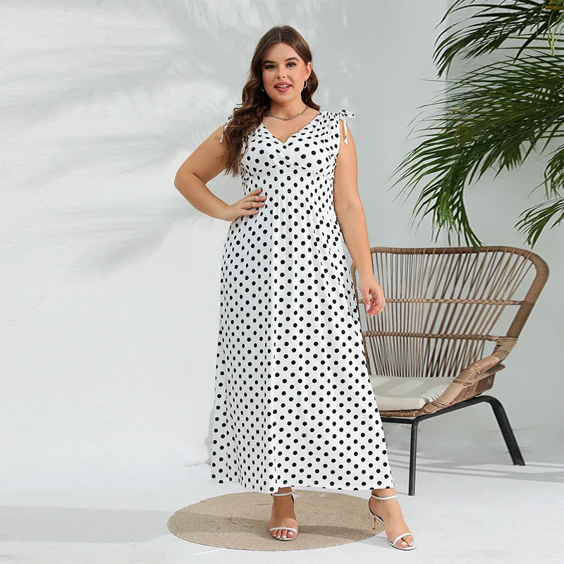 

Elegant Plus Size Polka Dot Dress V-neck Pit Stripes Elastic Waist Halter Long Dress Fashion Casual Large Sleeveless Dresses