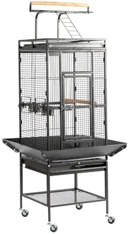 Bird Cage with Wheels, 62 inch Bird Cages with Play Top, Wrought Iron Cage with Rolling Stand for Parrots, Cockatiels