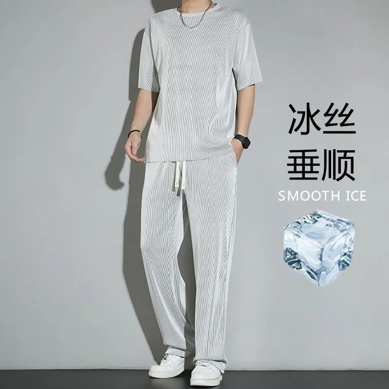 Ice Silk Sports Suit 2 Piece Men\'s Sets 2024 Summer Fashion Men T-shirt Short Sleeve and Breathable Casual Pants Clothes for Men