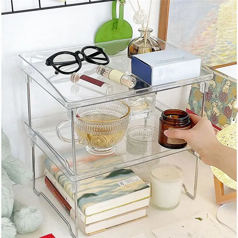 FTGT-Acrylic Transparent Desktop Storage Box Student Dormitory Office Storage Rack Household Foldable Heightening Rack