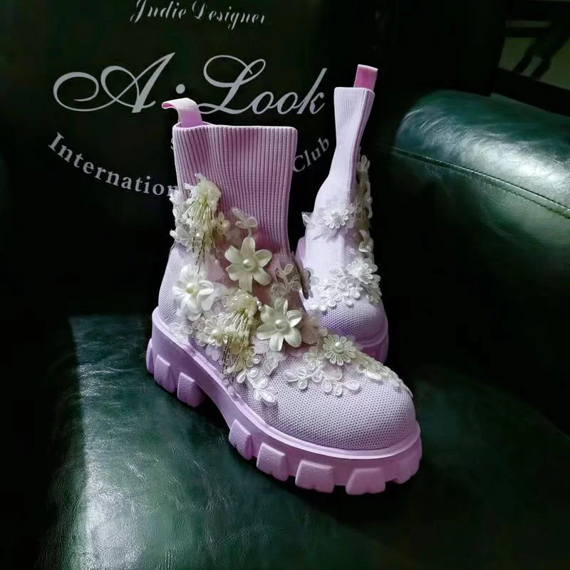 

Фиолетовые эластичные вязаные женские туфли, женская новая тяжелая плотная подошва, кружевная повседневная обувь с цветочным орнаментом