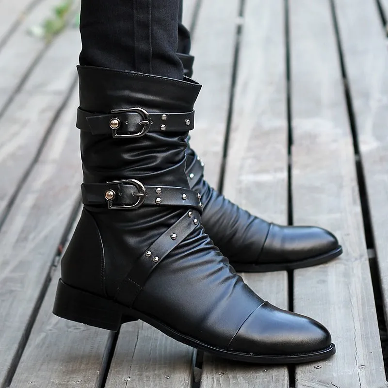 Winter Pointed Toe Men\'s Mid-calf Boots Buckle Strap Chelsea Boot for Men Leather Mens Motorcycle Boots High Top Man Winter Shoe