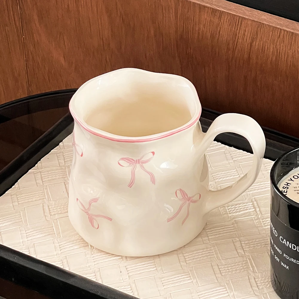 Hand-Pinched Bow Ceramic Mugs Exquisite Afternoon Tea Cups Ins Style Daily Office Coffee Mug Breakfast Milk Cups Porcelain Mug